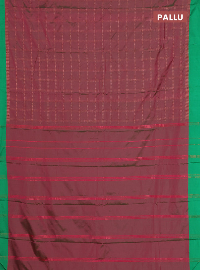 Arani semi silk saree dual shade of maroon and green with allover copper zari checked pattern and copper zari woven simple border