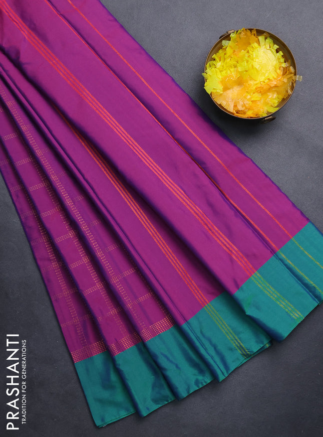Arani semi silk saree purple and green with allover copper zari checked pattern and copper zari woven simple border