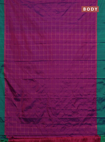 Arani semi silk saree purple and green with allover copper zari checked pattern and copper zari woven simple border