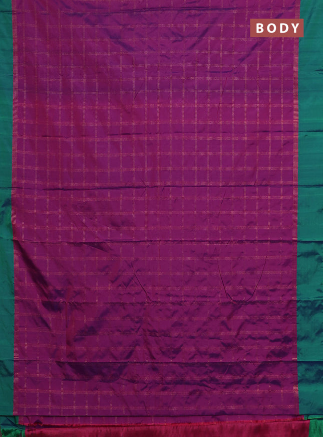Arani semi silk saree purple and green with allover copper zari checked pattern and copper zari woven simple border
