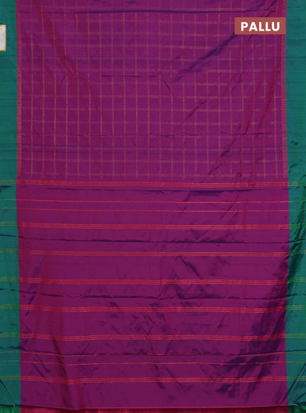 Arani semi silk saree purple and green with allover copper zari checked pattern and copper zari woven simple border
