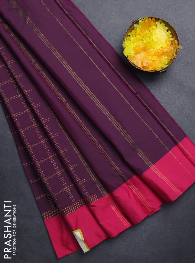 Arani semi silk saree wine shade and pink with allover copper zari checked pattern and copper zari woven simple border