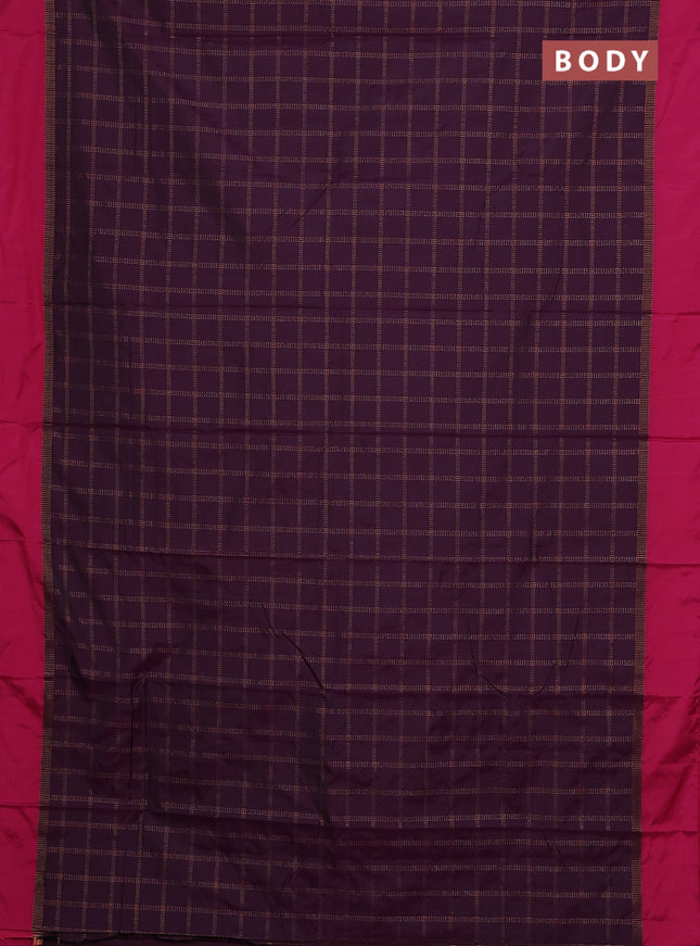 Arani semi silk saree wine shade and pink with allover copper zari checked pattern and copper zari woven simple border