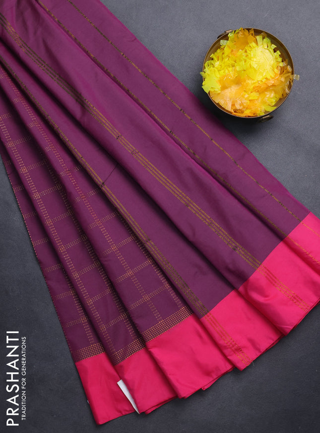 Arani semi silk saree wine shade and pink with allover copper zari checked pattern and copper zari woven simple border