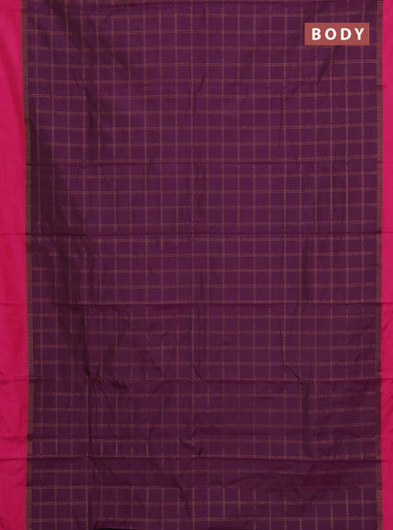 Arani semi silk saree wine shade and pink with allover copper zari checked pattern and copper zari woven simple border