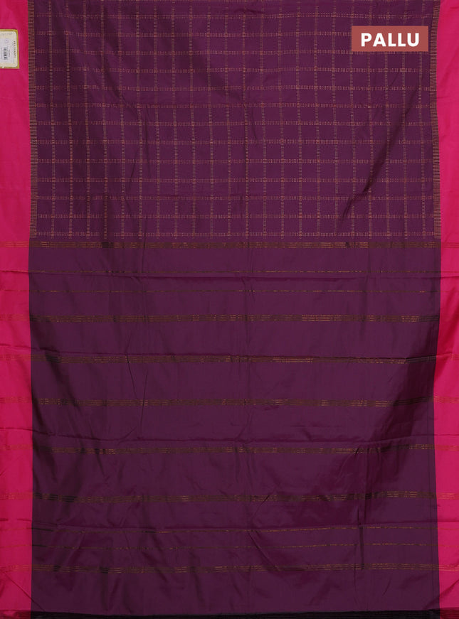 Arani semi silk saree wine shade and pink with allover copper zari checked pattern and copper zari woven simple border