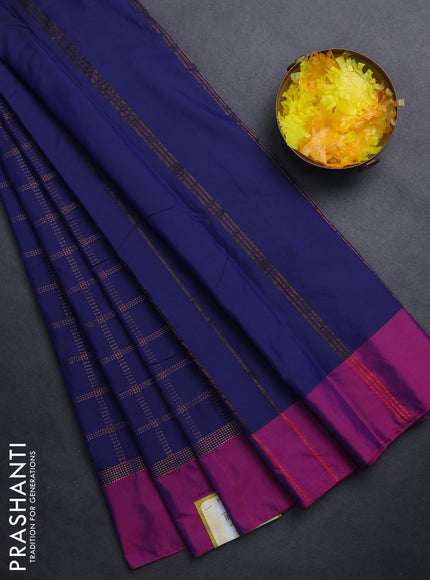 Arani semi silk saree dark blue and purple with allover copper zari checked pattern and copper zari woven simple border