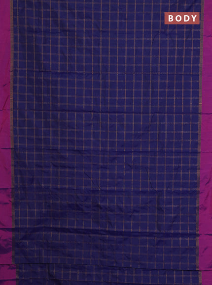 Arani semi silk saree dark blue and purple with allover copper zari checked pattern and copper zari woven simple border