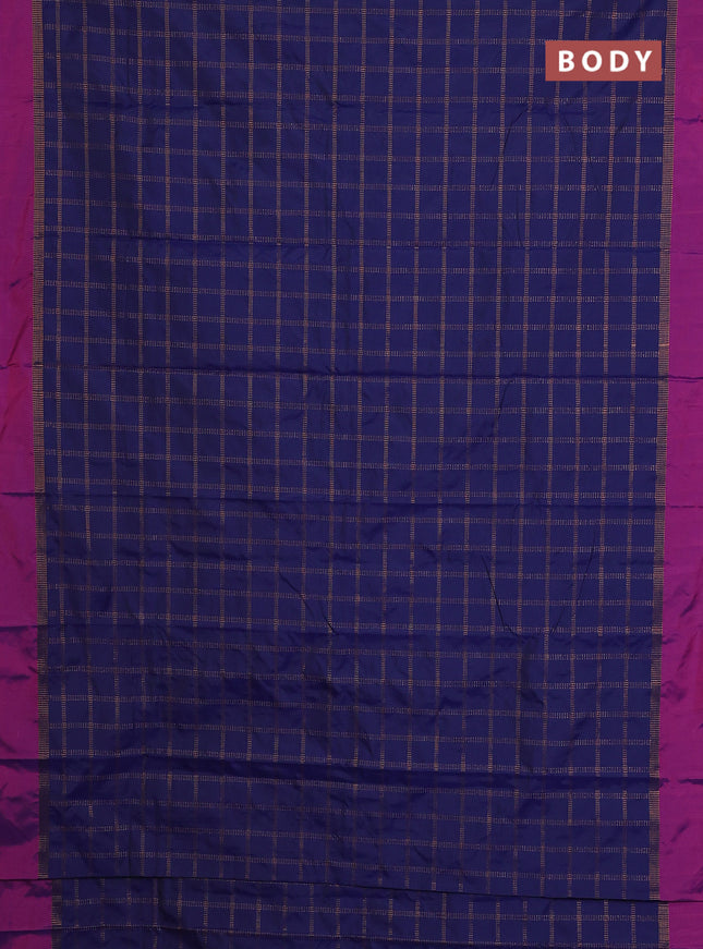 Arani semi silk saree dark blue and purple with allover copper zari checked pattern and copper zari woven simple border