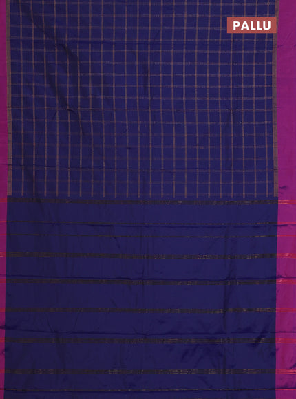 Arani semi silk saree dark blue and purple with allover copper zari checked pattern and copper zari woven simple border