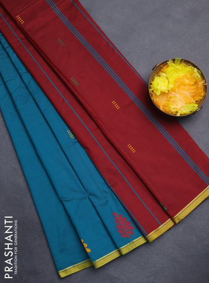 Arani semi silk saree peacock green and maroon with thread woven buttas and thread woven butta border