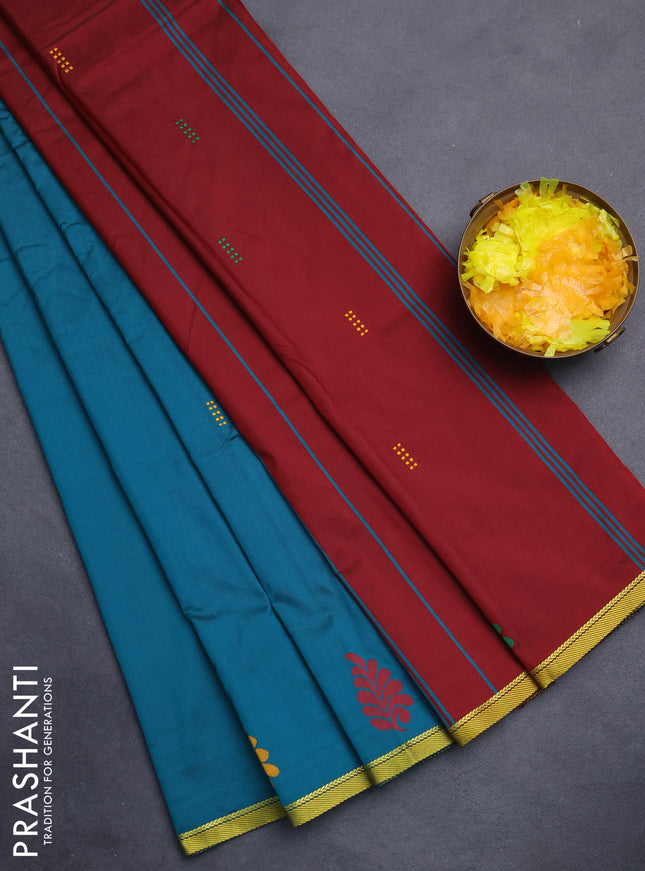 Arani semi silk saree peacock green and maroon with thread woven buttas and thread woven butta border