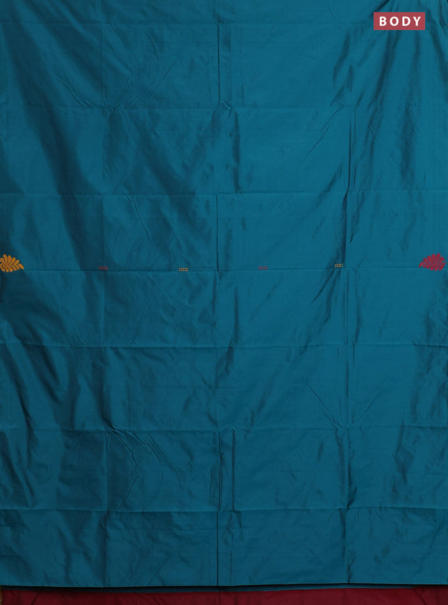 Arani semi silk saree peacock green and maroon with thread woven buttas and thread woven butta border