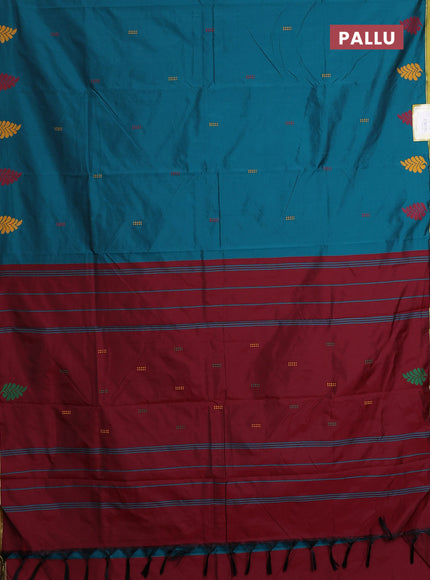 Arani semi silk saree peacock green and maroon with thread woven buttas and thread woven butta border