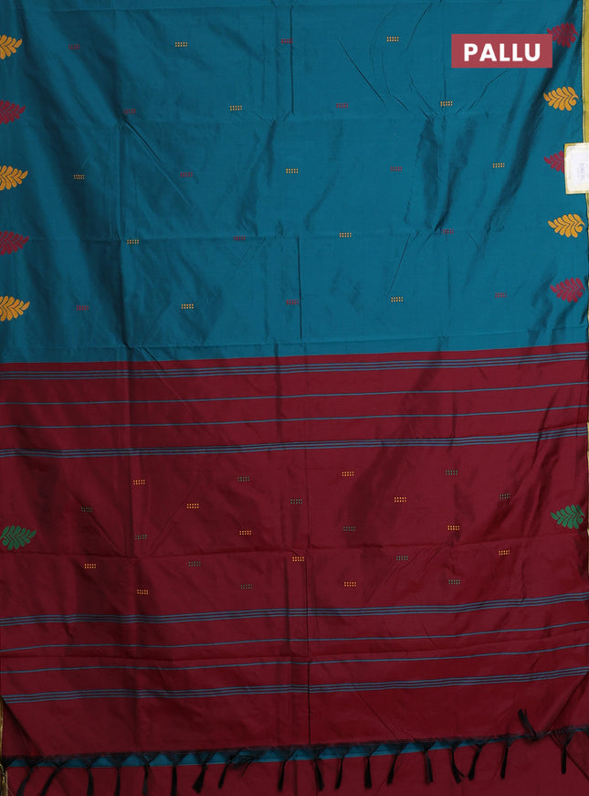 Arani semi silk saree peacock green and maroon with thread woven buttas and thread woven butta border