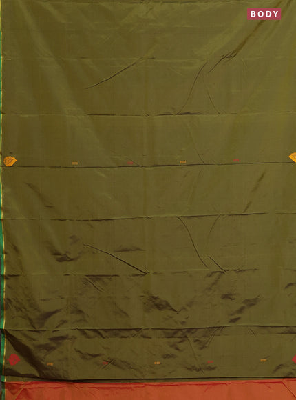 Arani semi silk saree sap green and dual shade of yellowish pink with thread woven buttas and thread woven butta border