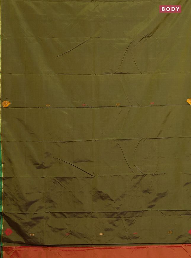Arani semi silk saree sap green and dual shade of yellowish pink with thread woven buttas and thread woven butta border
