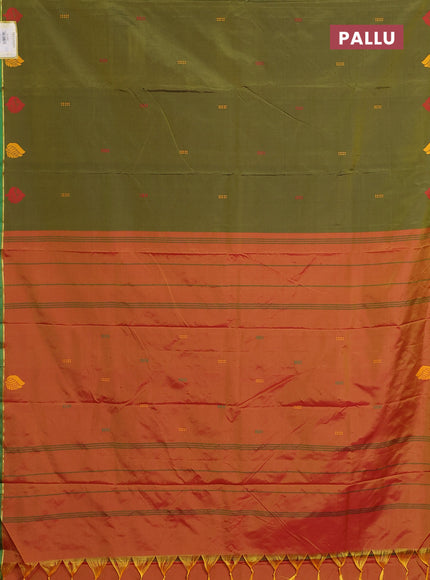 Arani semi silk saree sap green and dual shade of yellowish pink with thread woven buttas and thread woven butta border