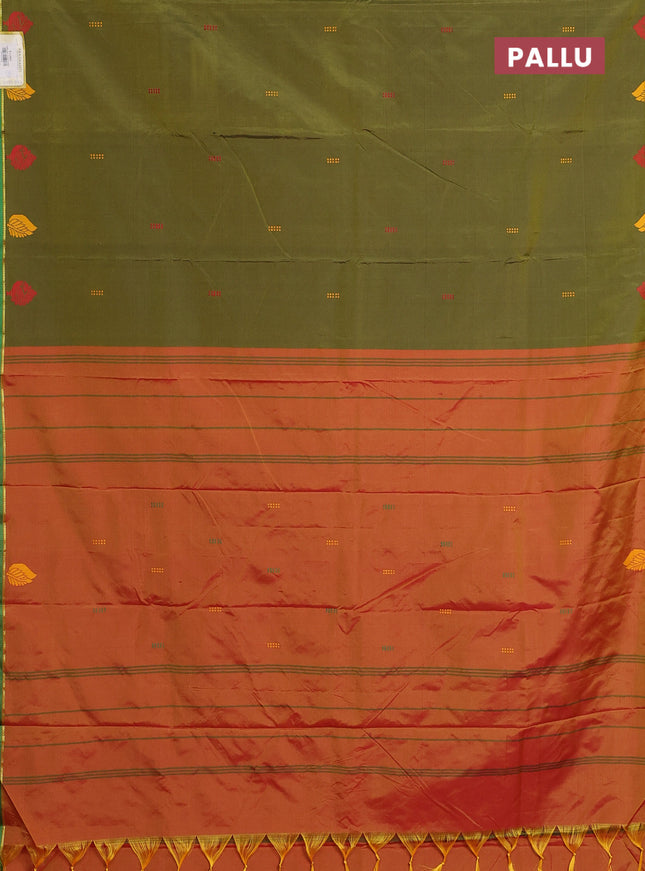 Arani semi silk saree sap green and dual shade of yellowish pink with thread woven buttas and thread woven butta border