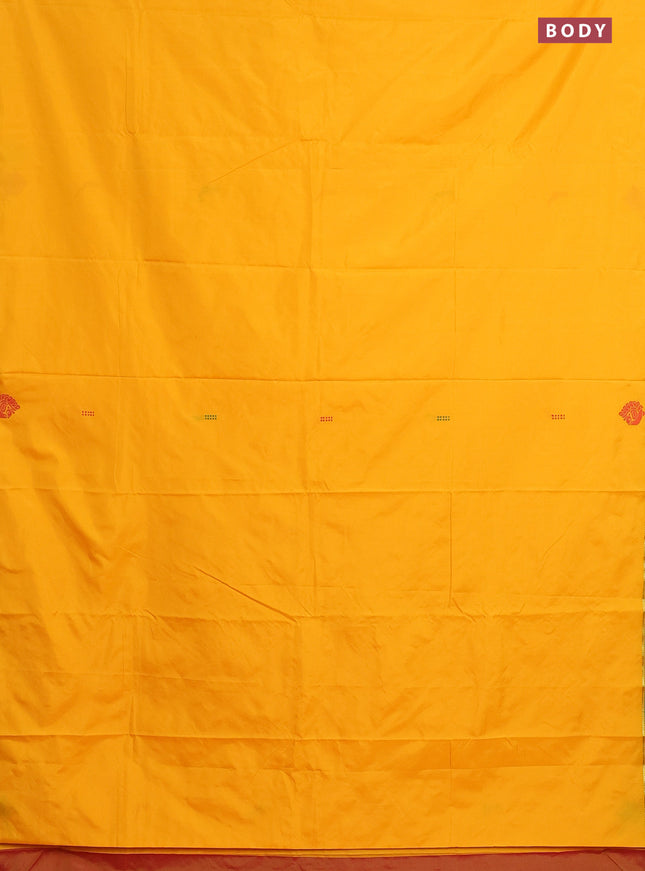 Arani semi silk saree mango yellow and dual shade of red with thread woven buttas and thread woven butta border