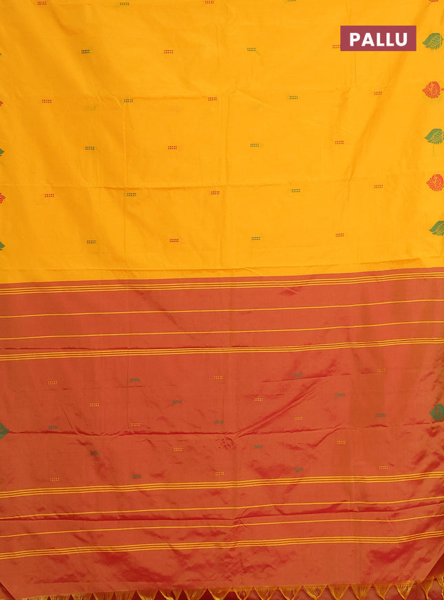 Arani semi silk saree mango yellow and dual shade of red with thread woven buttas and thread woven butta border