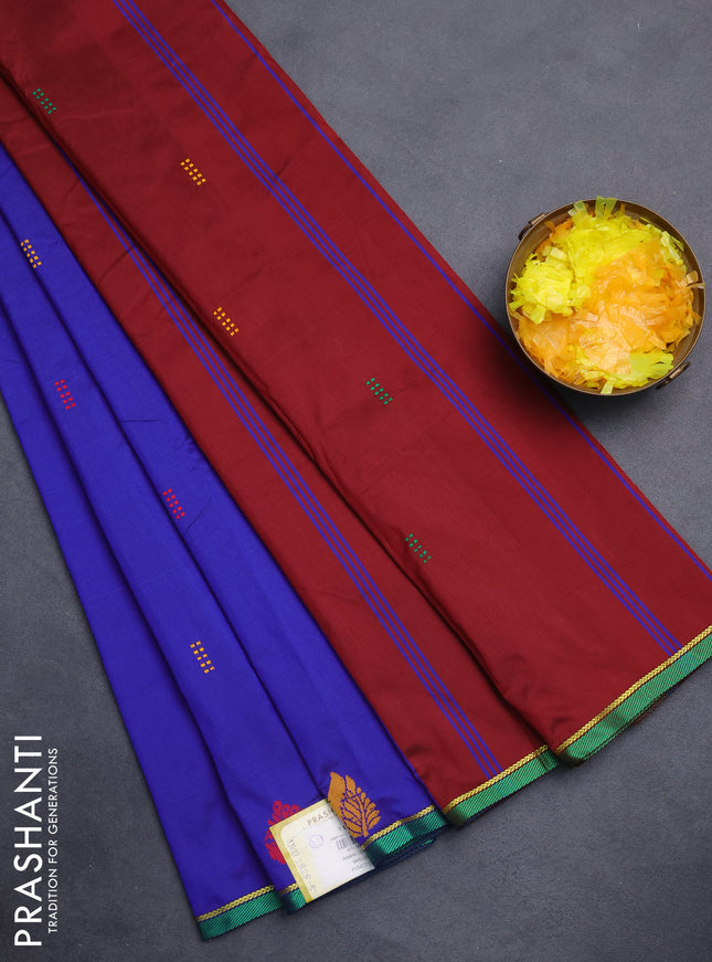 Arani semi silk saree blue and maroon with thread woven buttas and thread woven butta border