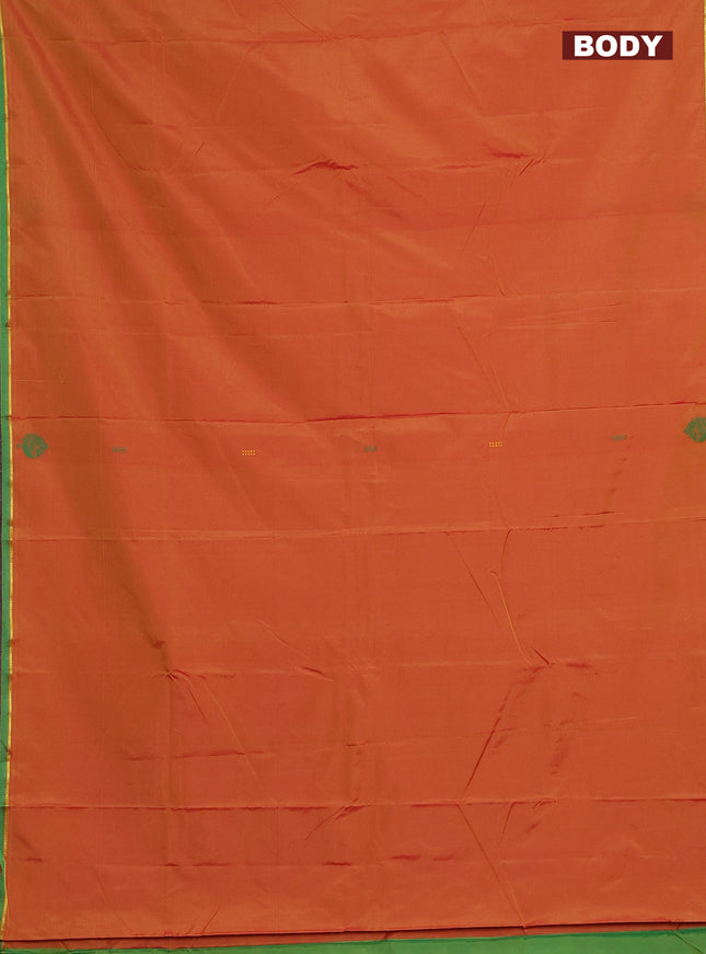 Arani semi silk saree dual shade of dark mustard and green with thread woven buttas and thread woven butta border