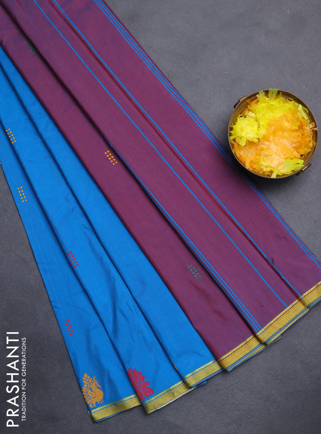 Arani semi silk saree cs blue and dual shade of maroon with thread woven buttas and thread woven butta border