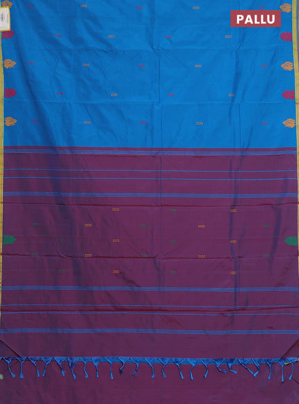 Arani semi silk saree cs blue and dual shade of maroon with thread woven buttas and thread woven butta border
