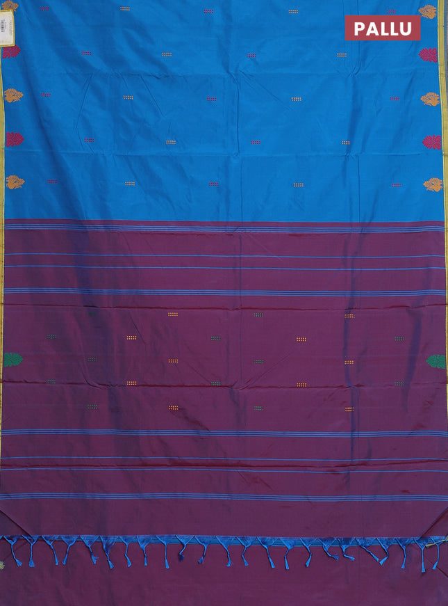Arani semi silk saree cs blue and dual shade of maroon with thread woven buttas and thread woven butta border