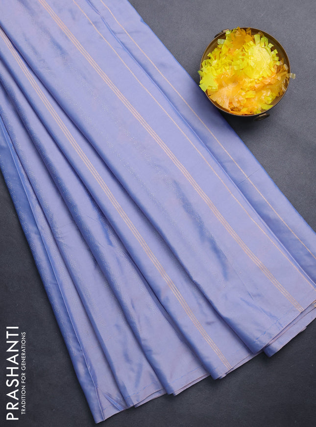 Arani semi silk saree bluish grey with allover silver zari weaves in borderless style