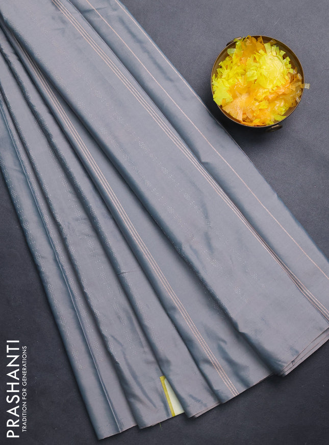 Arani semi silk saree dual shade of grey with allover silver zari weaves in borderless style