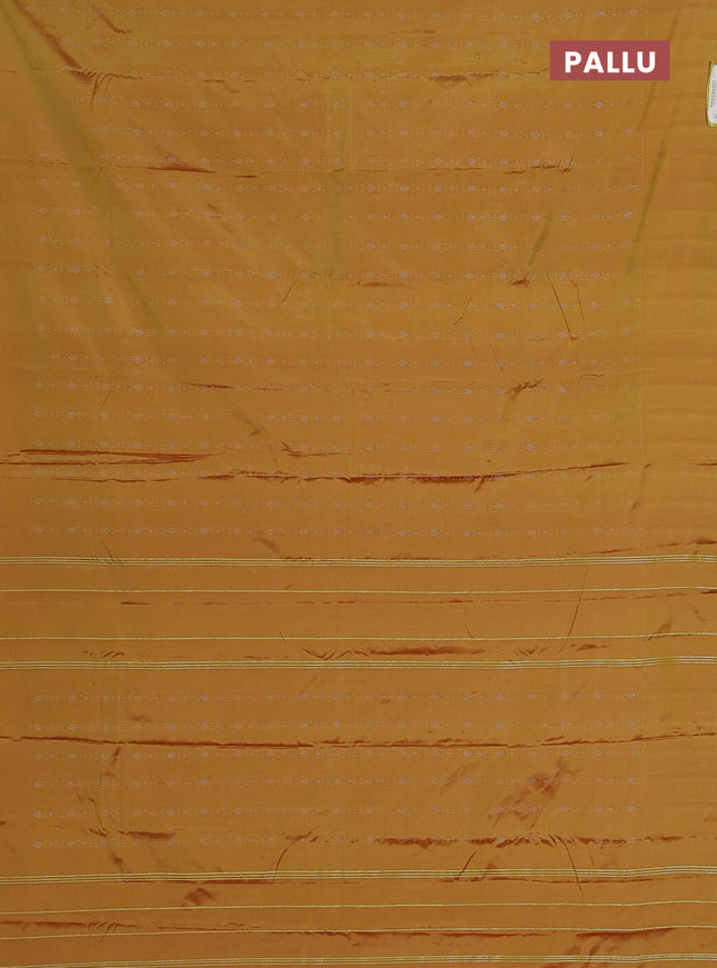 Arani semi silk saree mustard yellow with allover silver zari weaves in borderless style