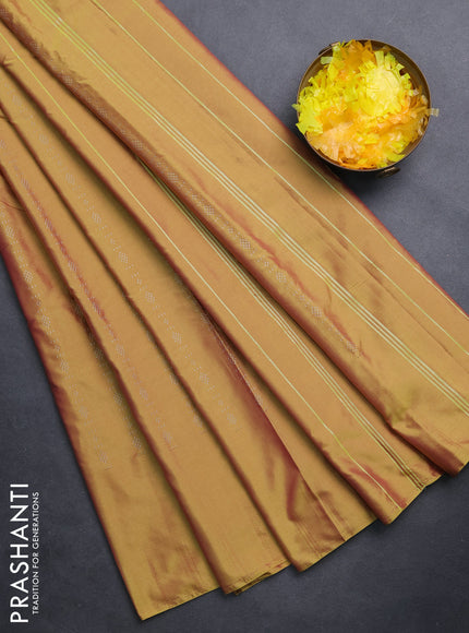 Arani semi silk saree dual shade of yellow with allover silver zari weaves in borderless style