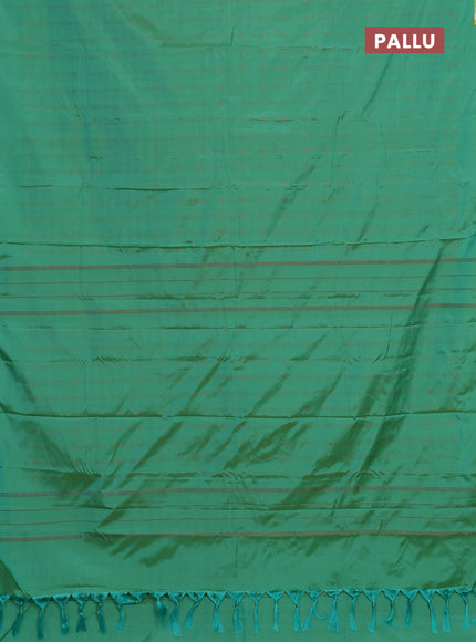 Arani semi silk saree green with allover copper zari weaves in borderless style
