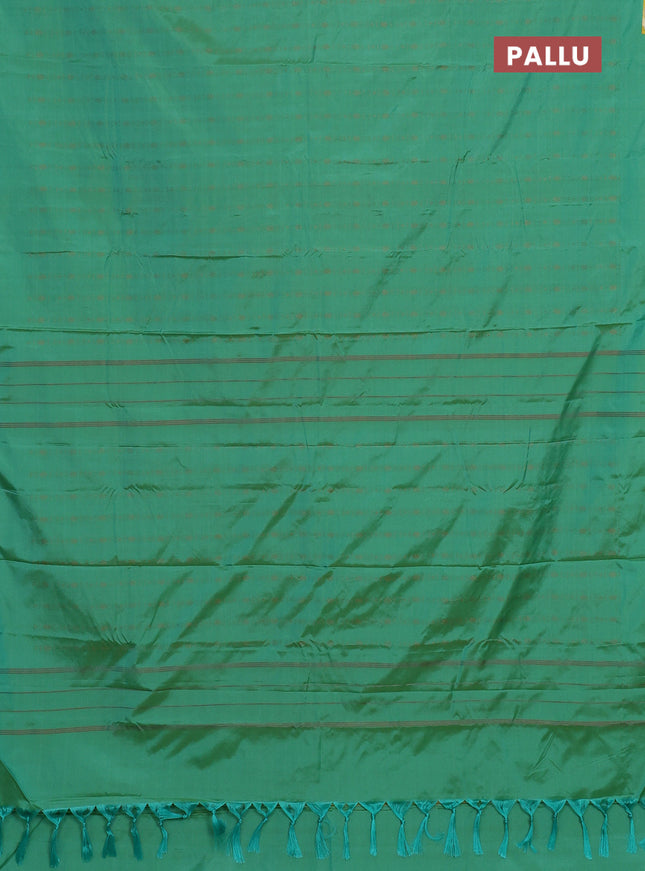 Arani semi silk saree green with allover copper zari weaves in borderless style