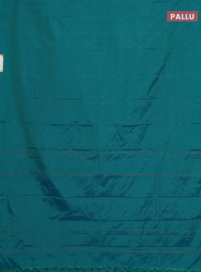 Arani semi silk saree teal blue with allover copper zari weaves in borderless style