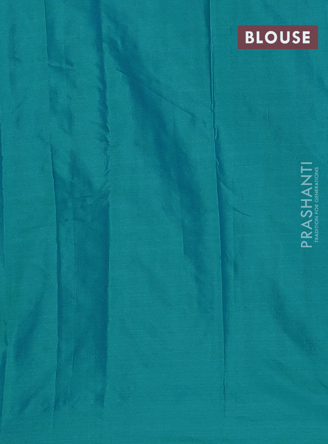 Arani semi silk saree teal blue with allover copper zari weaves in borderless style