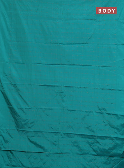 Arani semi silk saree teal green with allover copper zari weaves in borderless style