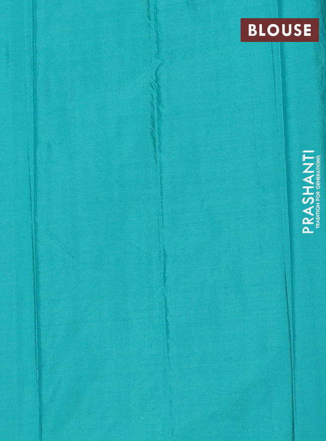 Arani semi silk saree teal green with allover copper zari weaves in borderless style