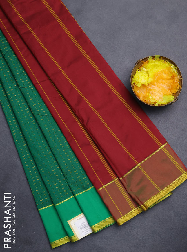 Arani semi silk saree green with allover thread weaves and rettapet zari woven border`
