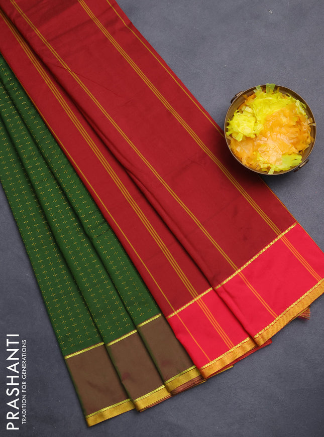 Arani semi silk saree sap green and reddish pink with allover thread weaves and rettapet zari woven border`