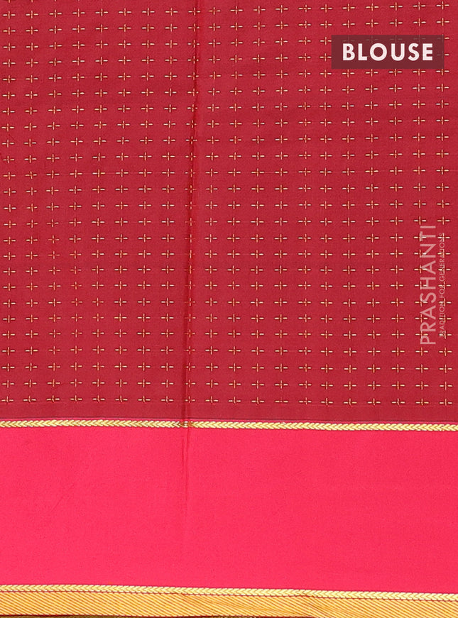 Arani semi silk saree sap green and reddish pink with allover thread weaves and rettapet zari woven border`