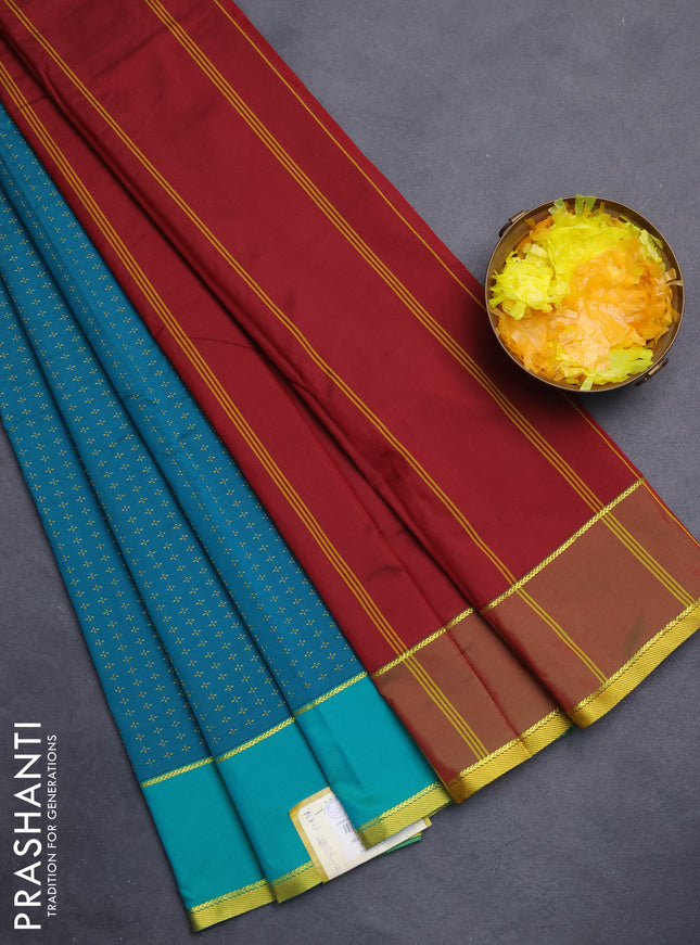 Arani semi silk saree teal green and dual shade of maroonish green with allover thread weaves and rettapet zari woven border`