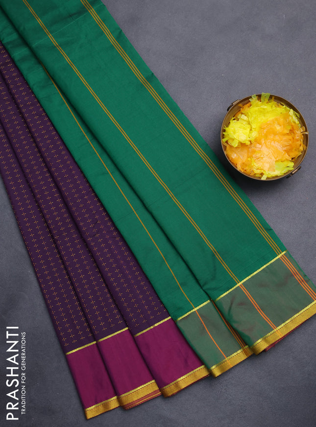 Arani semi silk saree deep purple and green with allover thread weaves and rettapet zari woven border`