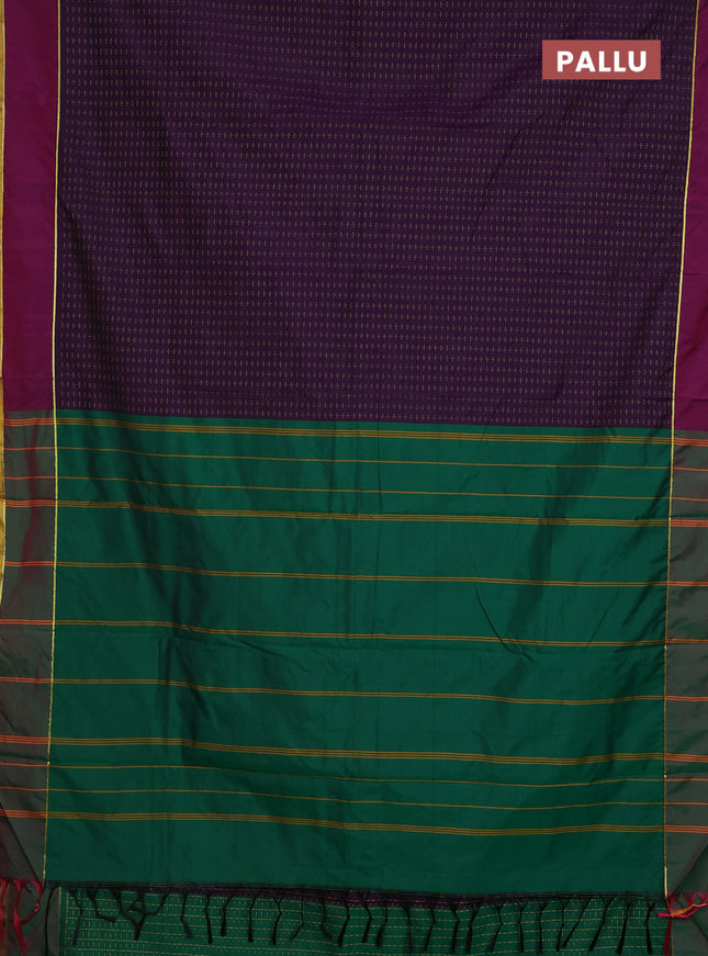 Arani semi silk saree deep purple and green with allover thread weaves and rettapet zari woven border`