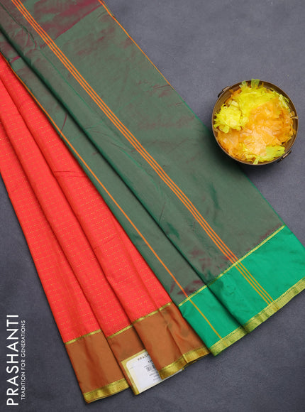 Arani semi silk saree orange and dual shade of green with allover thread weaves and rettapet zari woven border`