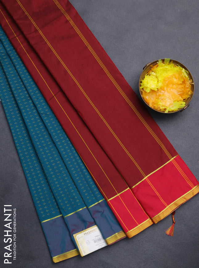 Arani semi silk saree peacock green and maroon with allover thread weaves and rettapet zari woven border`