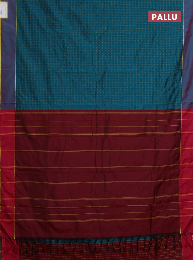 Arani semi silk saree peacock green and maroon with allover thread weaves and rettapet zari woven border`