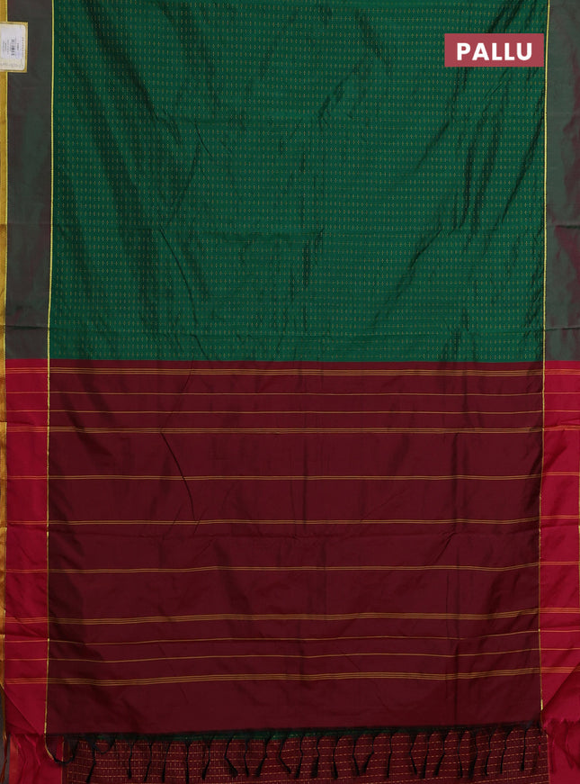 Arani semi silk saree green and maroon with allover thread weaves and rettapet zari woven border`